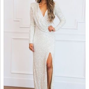 Champagne sequin long sleeve formal maxi dress